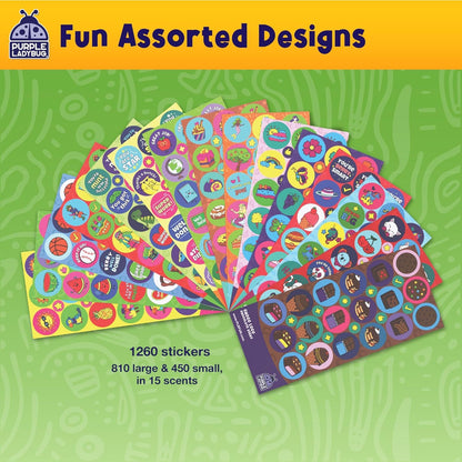 PURPLE LADYBUG 1260 Scratch and Sniff Smelly Stickers - 810 Large & 450 Small Scented Stickers in 15 Unique Scents for Kids & Teachers - Back to School Supplies, Ideal for Rewards, Classroom must-have
