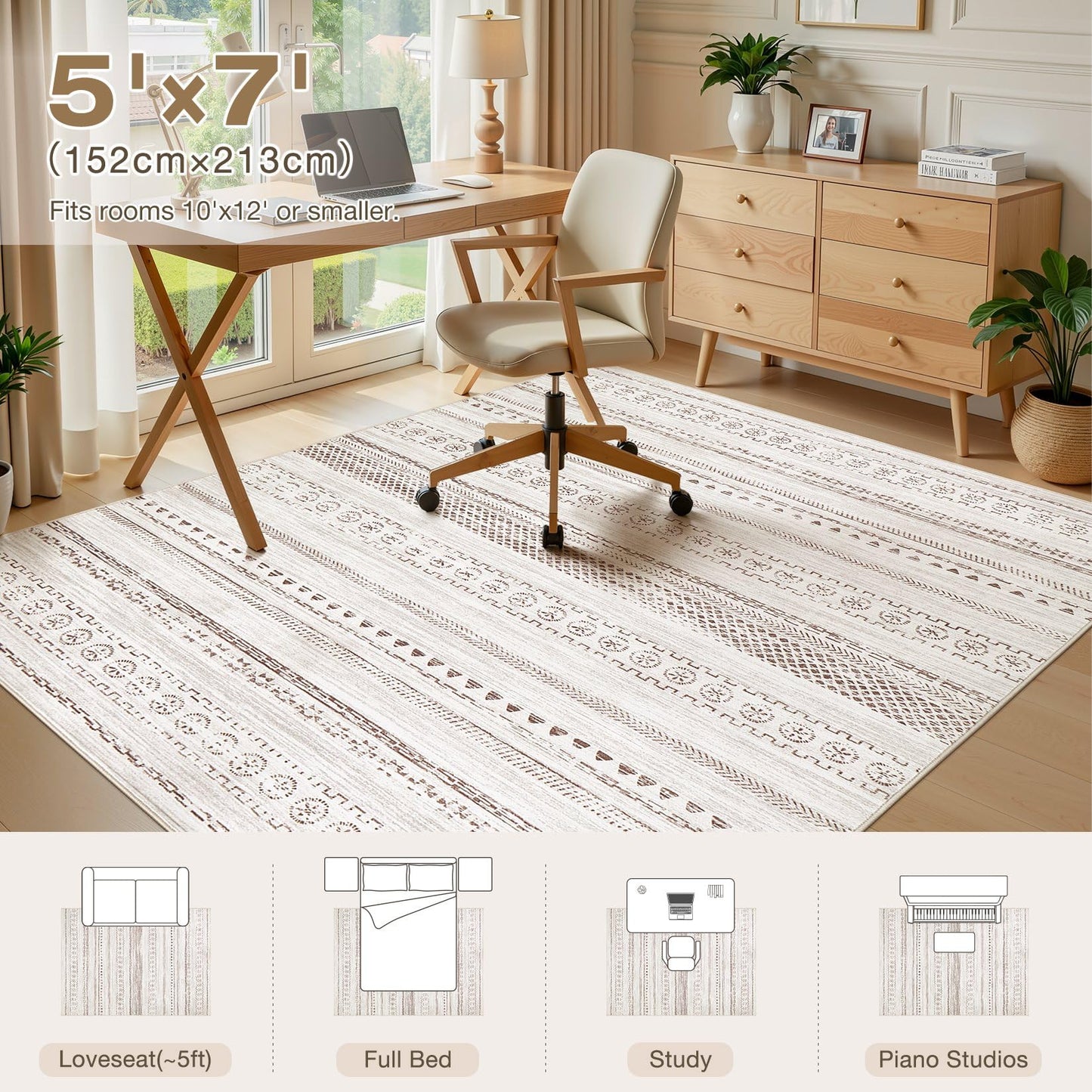 kakania 5x7 Washable Area Rug: Non Slip Soft Thin Carpet, Boho Geometric Modern Decor, Easy Clean Indoor Floor Rugs for Living Room Bedroom Kids Dorm Office Dining - Brown