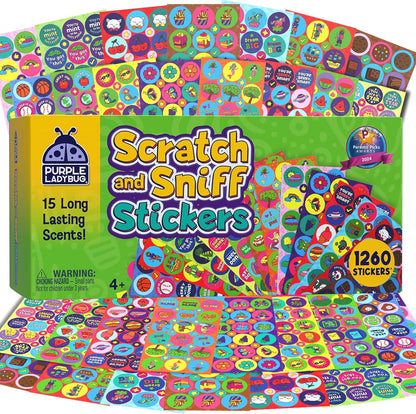 PURPLE LADYBUG 1260 Scratch and Sniff Smelly Stickers - 810 Large & 450 Small Scented Stickers in 15 Unique Scents for Kids & Teachers - Back to School Supplies, Ideal for Rewards, Classroom must-have