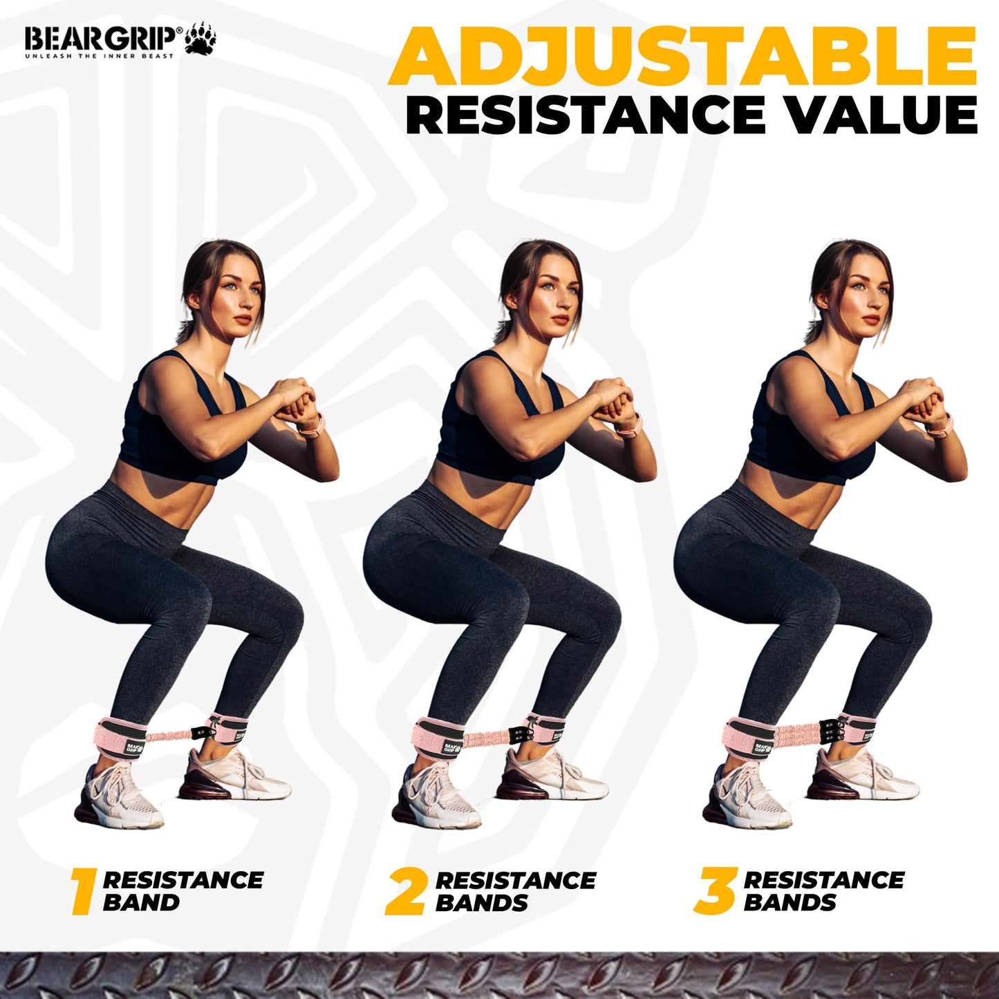 BEAR GRIP Resistance Bands with Ankle Straps – Glute & Leg Workout Equipment, Booty Bands for Women, Exercise Band for Kickbacks, Hip Thrusts & Home Gym Fitness Equipment (Black, Cables)