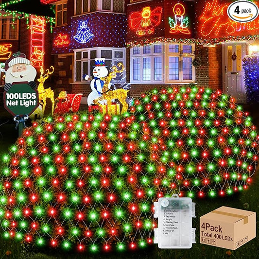 Hezbjiti Pack of 4 Battery Operated Christmas Lights Outdoor Total 400LED Waterproof Timed Memory Net String Mesh Lights for Xmas Trees Bushes Garden Yard Lawn Patio Christmas Decor (Red and Green)