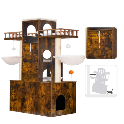 Heybly Cat Tree with Litter Box Enclosure for Indoor Big Cat, Cat Tower for Large Cats 20lbs Heavy Duty, Modern Cat Condo Furniture with Scratching Posts, Rustic Brown HCT110SR