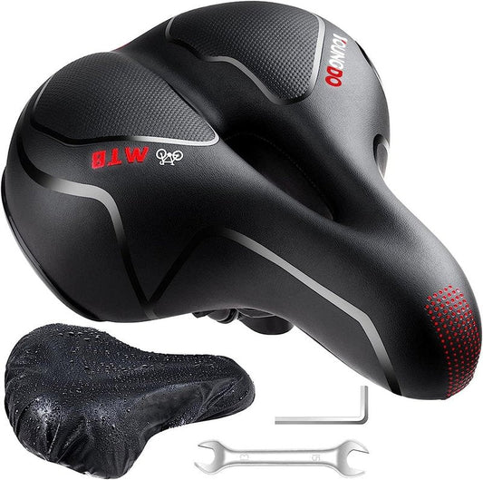 YOUNGDO Bike Seat - Comfortable Gel Foam Padded Leather, Wide Bike Saddle Cushion, Universal Fit, Shock Absorbing, for Women and Men