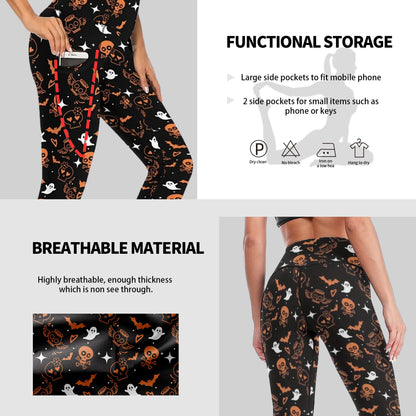 Cerburny Skull Skeleton Ghost Womens Leggings Christmas Bat Workout Yoga Pants with Pockets Gym Athletic High Waisted Walk Run Pants