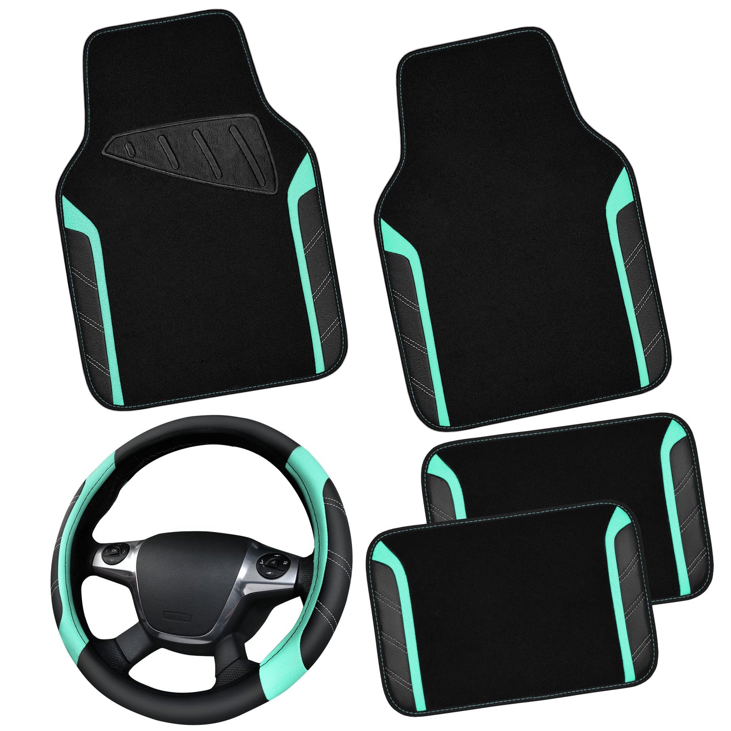 CAR PASS Leather Steering Wheel Cover and Waterproof Car Floor Mats,Microfiber Universal Car Combo Fit for 95% Sedan,SUV,Cars,14.5-15inch Sporty Anti-Slip Safety Comfortable Design(Black&Mint)