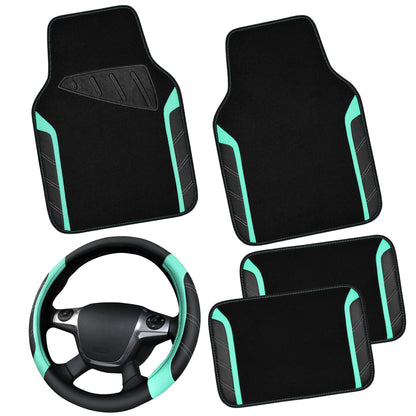 CAR PASS Leather Steering Wheel Cover and Waterproof Car Floor Mats,Microfiber Universal Car Combo Fit for 95% Sedan,SUV,Cars,14.5-15inch Sporty Anti-Slip Safety Comfortable Design(Black&Mint)