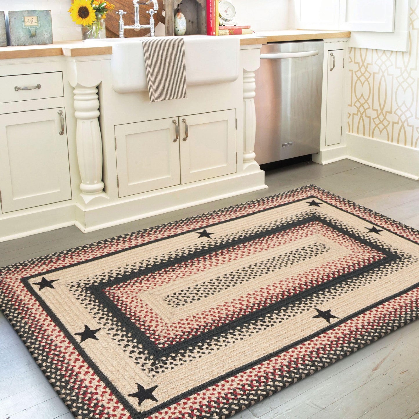 Primitive Star Gloucester Primitive Rugs 27x45 - Black & Brown Braided Rugs Highlighed with Red for Kitchens, Entryways and Bathrooms, Reversible, No Shed Jute for Easy Maintenance