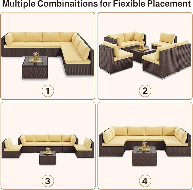Ahomly 7-Piece Patio Furniture Set, Outdoor Sectional Couch with Water-Resistant Cushions & Coffee Table, PE Rattan Outdoor Patio Sofa Set for Backyard, Deck, Garden, or Porch, Beige
