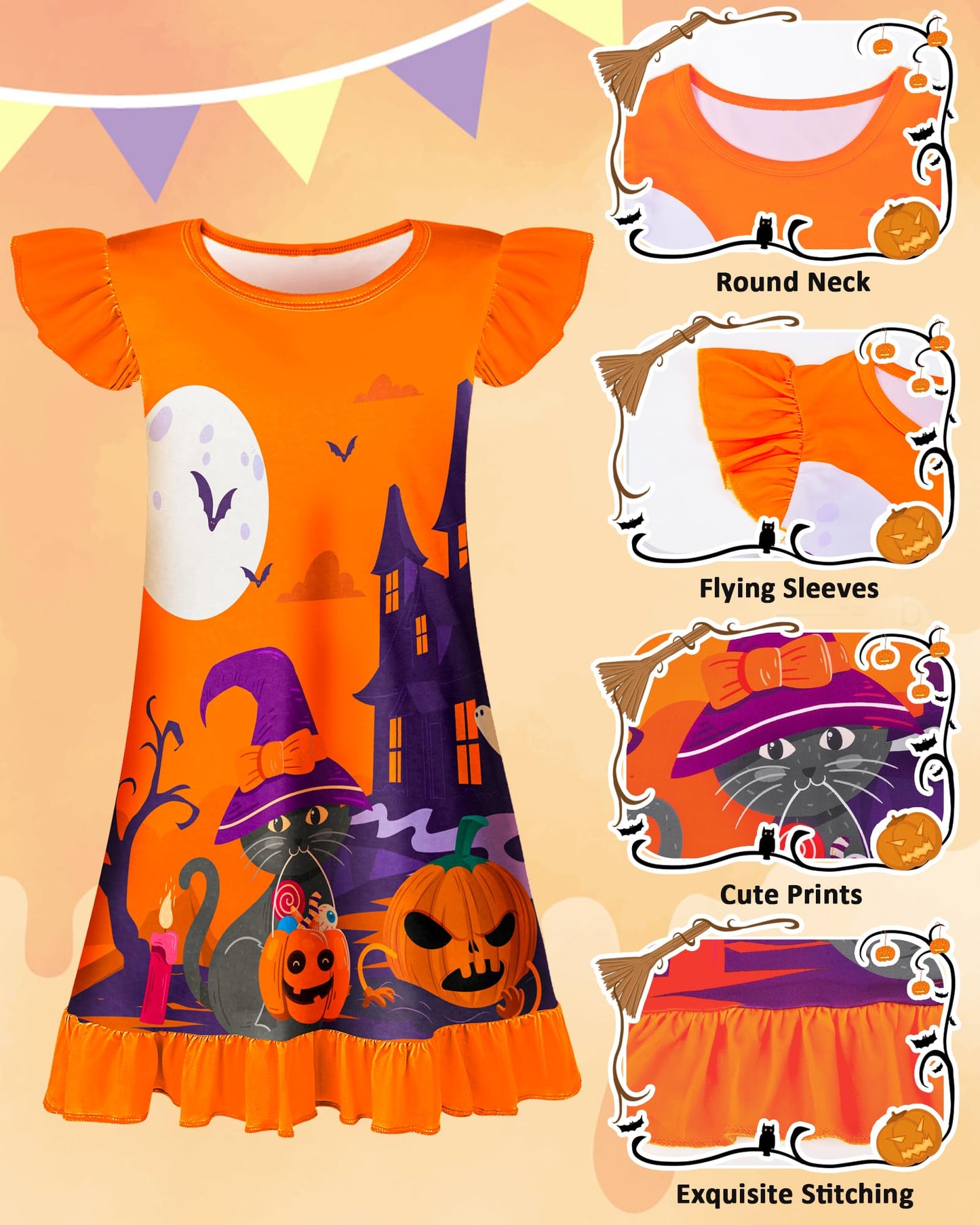 Sylfairy Girls Halloween Nightgown, Ghost Toddler Nightgown Princess Pajama Dresses for Girls Sleepwear Nightie Orange Size 6 Size 7