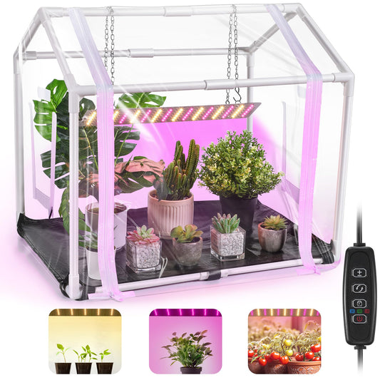 Meonum Mini Greenhouse with Grow Light, 23.6" L x 15.7" W x 19.6" H Portable Greenhouse with Waterproof Bottom Mat, Timer, 3 Light Color Mode for Indoor Outdoor Seed Starter Tray (Mini House Shape)