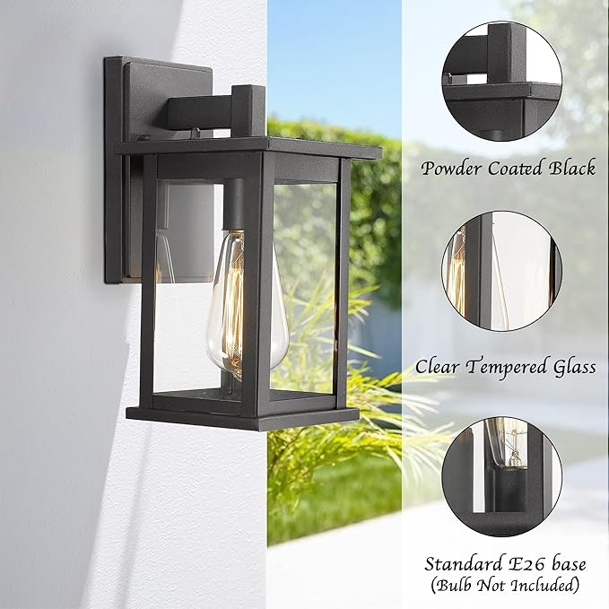Bestshared Outdoor Wall Sconce, Exterior Lighting Fixture, Anti-Rust Outdoor Wall Mounted Light, Black Carriage Lantern Lamp, Outside Porch Light with Clear Glass for Home, Garage (Black, 1 Pack)