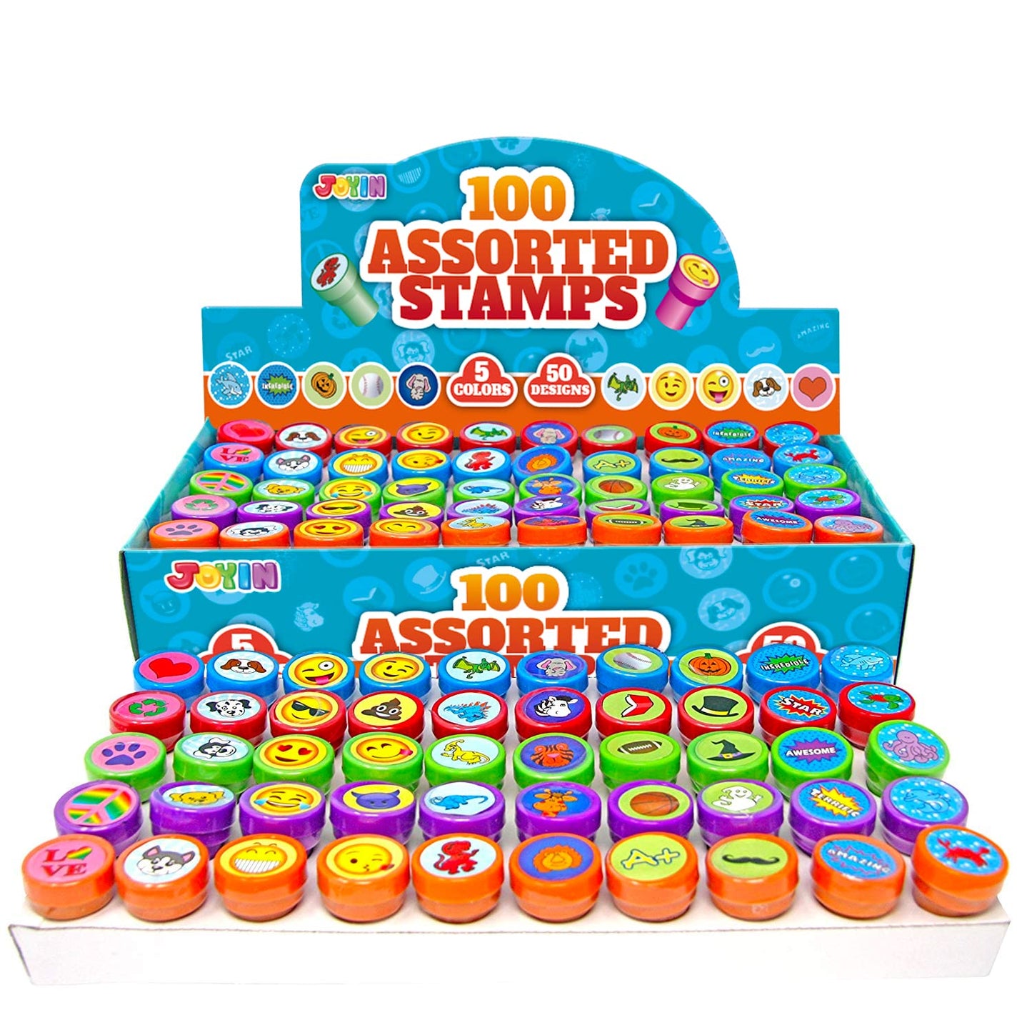 JOYIN 100PCS Assorted Stamps for Kids Self-Ink for Party Favor, Teacher Stamps, Kids Treasure Box, Prize for Classroom, Easter Egg Stuffers (50 Designs, Dinosaur, Halloween Stampers)
