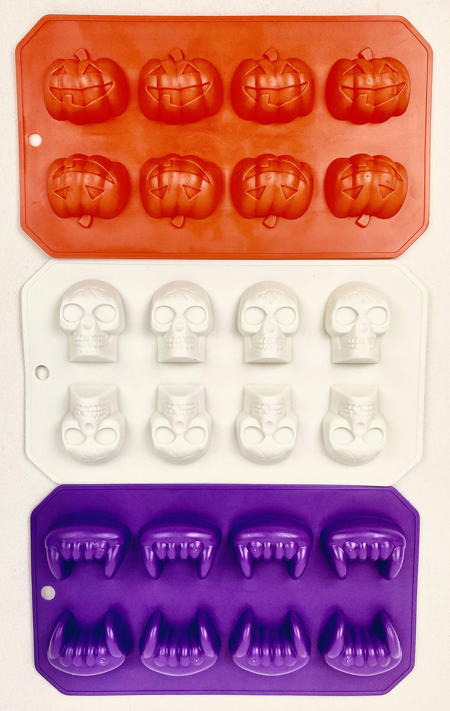 Halloween Fall themed Set of 3 Ice cube trays, candy mold, jello shot skull/fang/pumpkin shapes