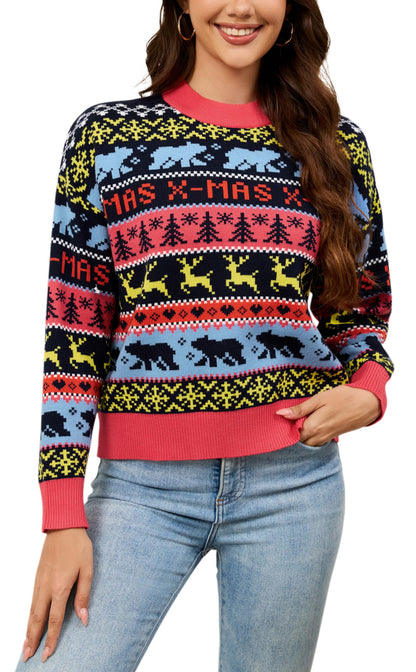 LUBOT New Ugly Christmas Sweaters for Women Wintertime Holiday Parties Drop Shoulder Knit Sweater Magenta & Black M