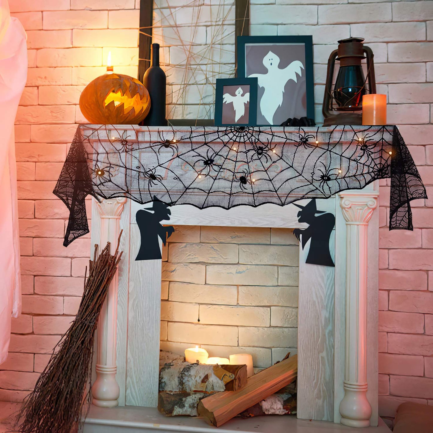 FUN LITTLE TOYS Halloween Decorations Indoor - Mantel with String Lights Lace Spiderweb Decor Inside for Home Party Supplies (18 x 96 inch)