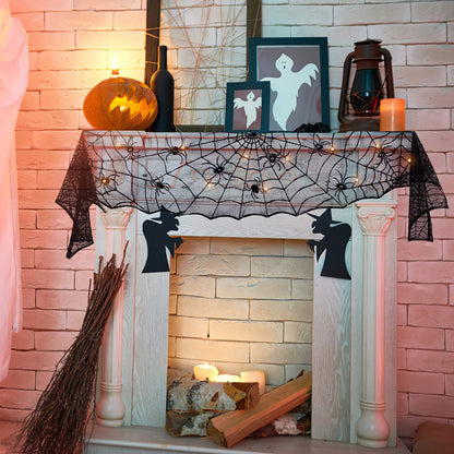 FUN LITTLE TOYS Halloween Decorations Indoor - Mantel with String Lights Lace Spiderweb Decor Inside for Home Party Supplies (18 x 96 inch)