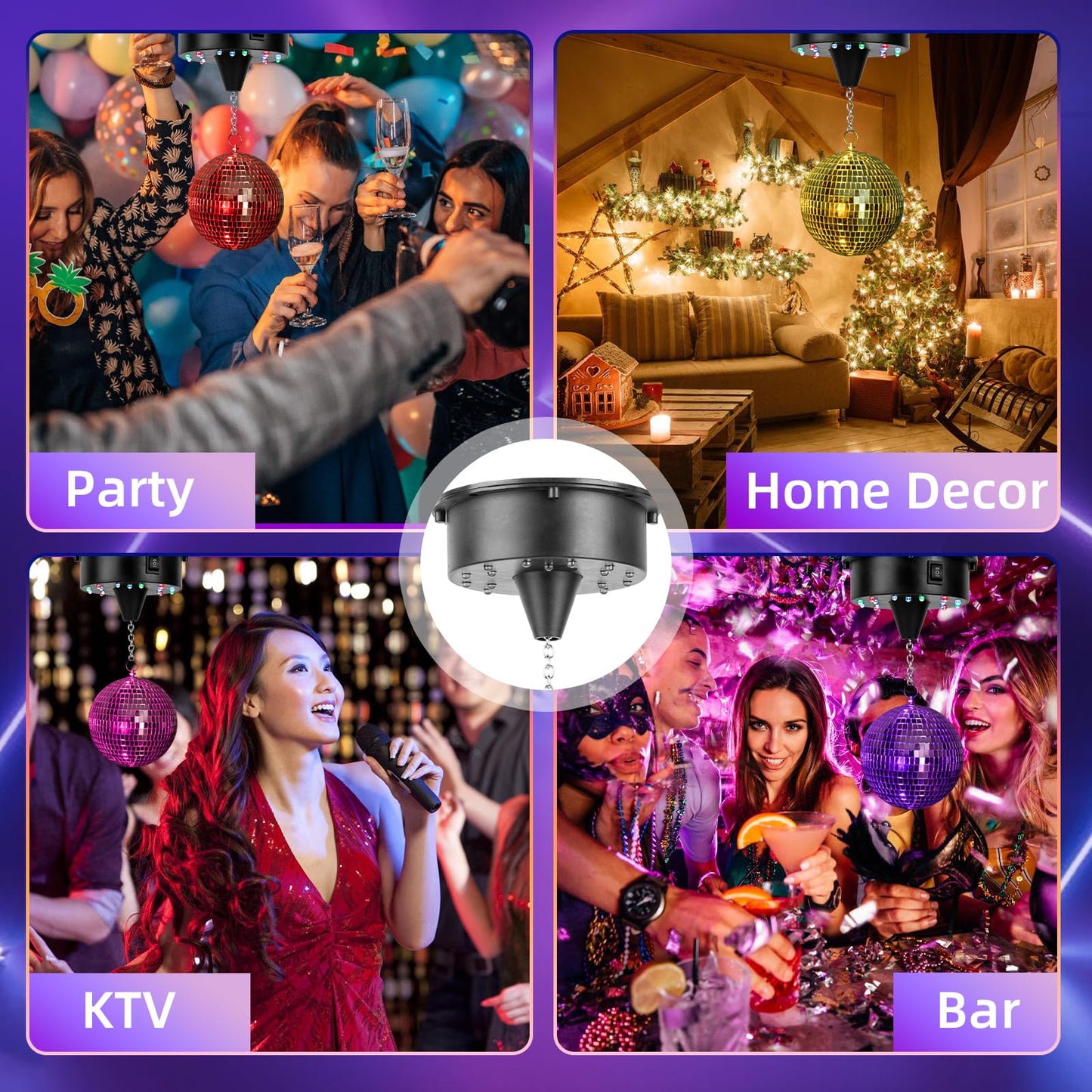Rotating Disco Ball Motor with Light: Battery Operated 6 RPM Hanging Mirror Ball Spinner - 18RGBW Led Light Up 4 6 8 12 inch Party Disco Balls Rotator for Parties Home Decor Weddings KTV