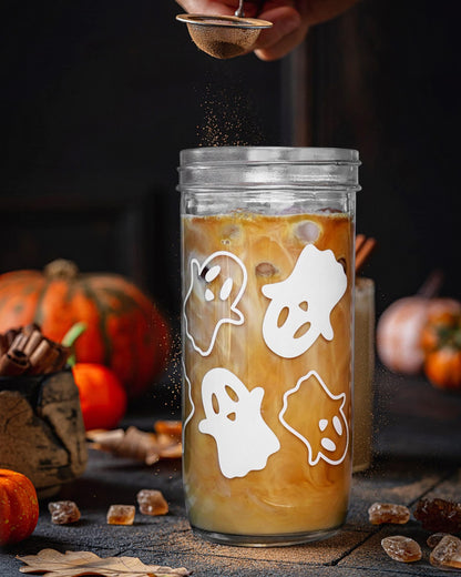 ANOTION Halloween Cups, Ghost Decor 24 oz Mug Mason Jar Glass Cups with Lids and Straws Ghost Tumblers Coffee Cups Cookie Jar Glasses Glassware Drinking Glasses Halloween Decorations Indoor