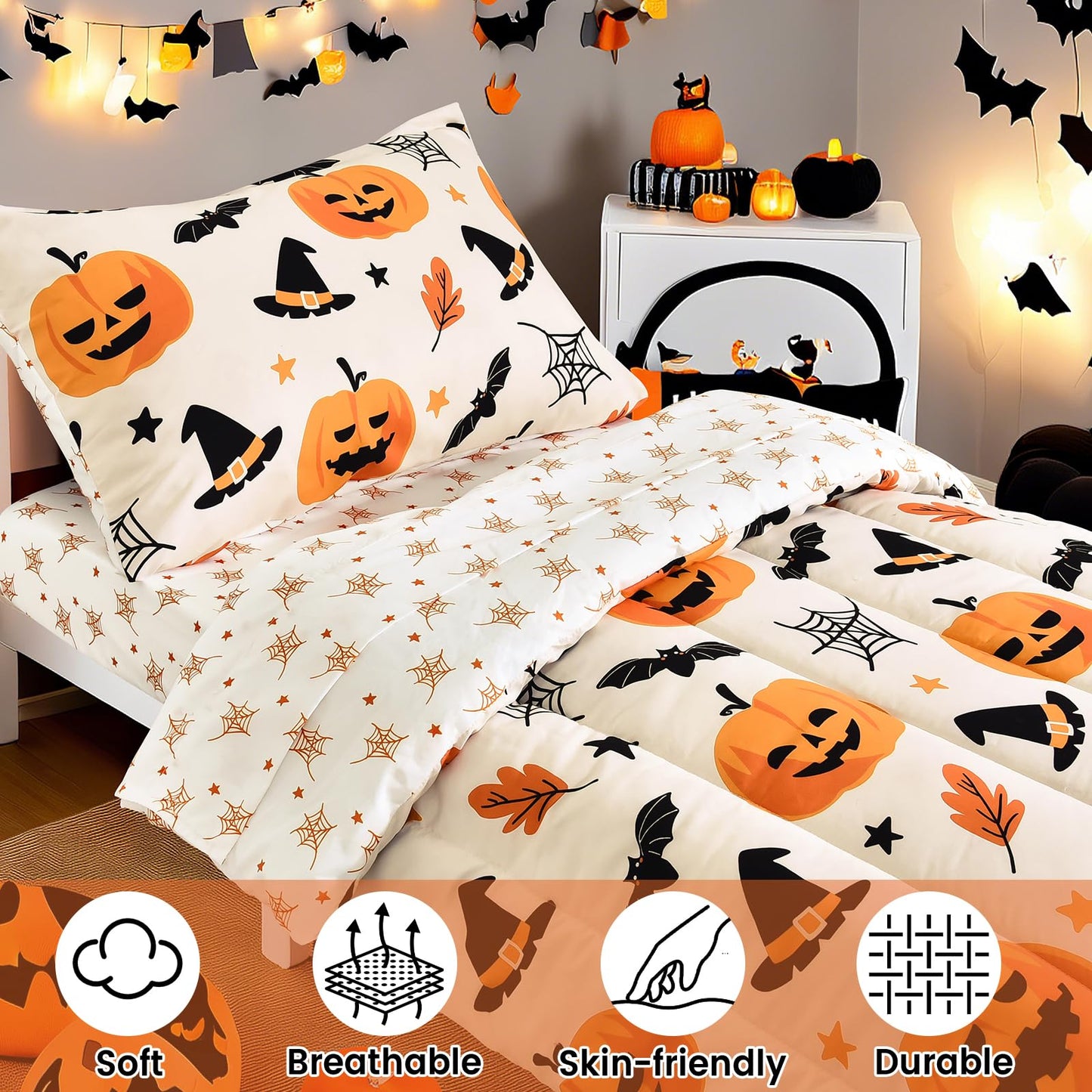 PHF 4 Piece Toddler Bedding Set, Ultra Soft Toddler Comforter Sets Include Comforter, Fitted Sheet, Flat Top Sheet and Pillowcase for Girls, Halloween Bed in A Bag for Baby Bedroom, Pumpkin