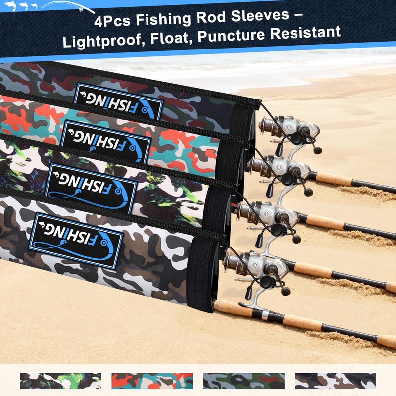 MONYES Neoprene Fishing Rod Sleeves for Casting, Spinning, Trolling Pole - Protective Cover Rod Sock with Hanging Loop & Lanyard- Floating, Puncture Resistant, Lightproof (58in, 4P)