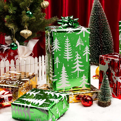 Merture 3 Rolls Christmas Wrapping Paper Set - 17 inch x 120 inch per Roll - Red, Green, Gold Metallic Gift Wrap With Reindeer, Christmas Tree, Snowflake, Dahlia Design