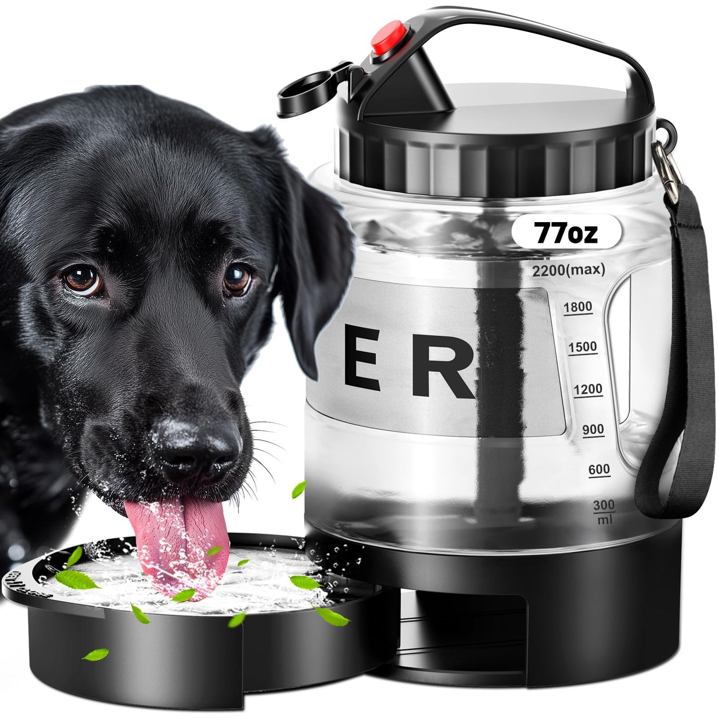 77oz Large Dog Water Bottle - Portable Travel Dog Water Dispenser & Bowl - Leak-Proof Pet Water Jug for Hiking, Camping, Walking & Car Trips, Black