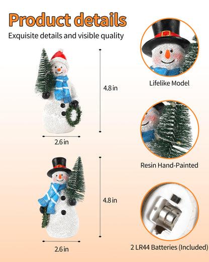 iStatue Resin Snowmen Figurines with Lighted Christmas Tree and Wreath 5'' - Set of 2 Battery Operated - Holiday Decorations Home Decor (Snowman)