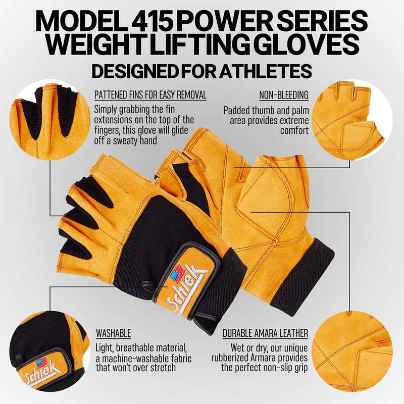 Schiek Sport Model 415 Power Lifting Fingerless Glove - Long Lasting Weight Lifting Grip Gloves