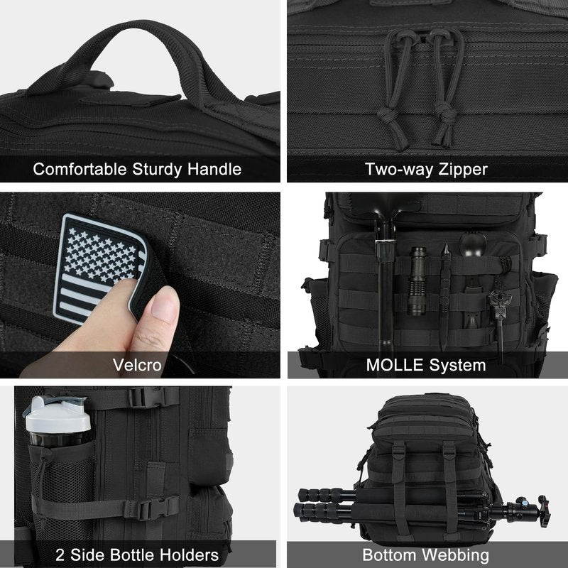 kookoomia 50L Military Tactical Backpack Large Day Backpack for Men Molle Army 3 Days Assault Pack Bug Out Bag Water Resistant and Heavy Duty Hiking Treeking Rucksack - Black