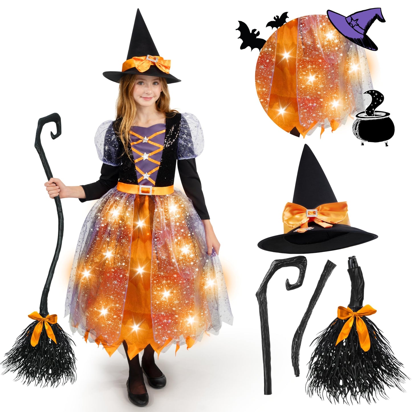 Spooktacular Creations Witch Costume Kids, Light Up Halloween Costumes Witch Dress with Hat and Broom for Girls, Sweet Wizard Set for Toddler Scary Halloween Themed Parties, Orange, L