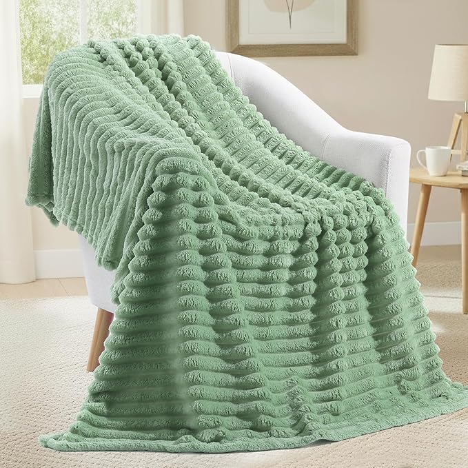 decorUhome Soft Fleece Sage Green Throw Blanket for Couch, Cozy Fluffy Plush Flannel Striped Blanket for Sofa Bed, Lightweight Decorative Ribbed Fuzzy Blanket for Woman, 50x60 Inches