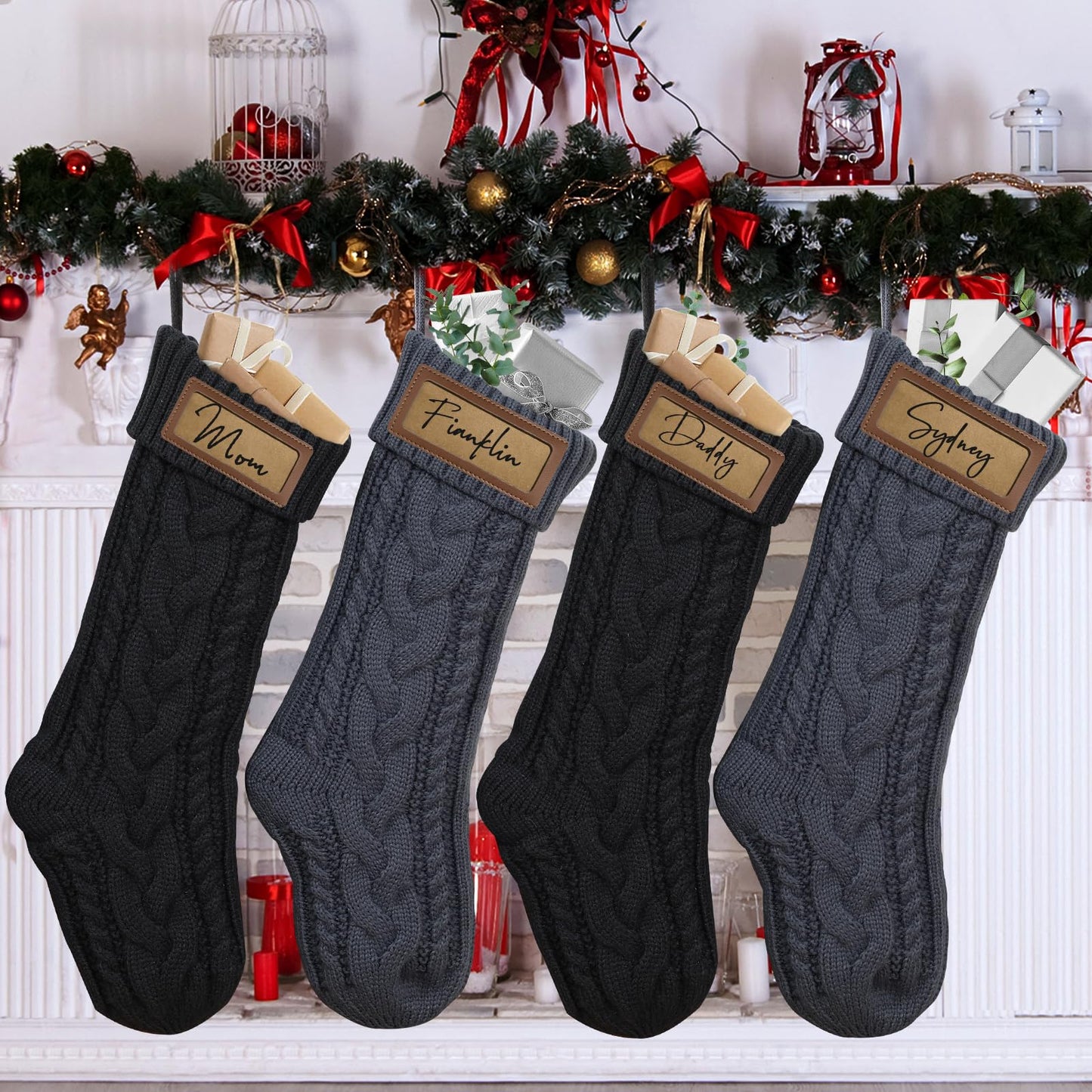 steo spce 4 Pack Personalized Christmas Stocking with Leather Patches Custom Name Family Christmas Stockings, 18.5” Large Knitted Xmas Stockings for Kids, Holiday and Fireplace Party Decoration