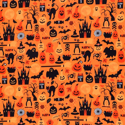 Halloween Fabric 1 Yard Ghost Pumpkin Cats Pattern Halloween Orange Printed Fabric for Sewing Quilting Apparel Crafts Home Decor Supplies (1 Piece)