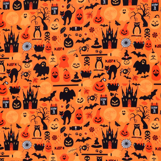 Halloween Fabric 1 Yard Ghost Pumpkin Cats Pattern Halloween Orange Printed Fabric for Sewing Quilting Apparel Crafts Home Decor Supplies (1 Piece)