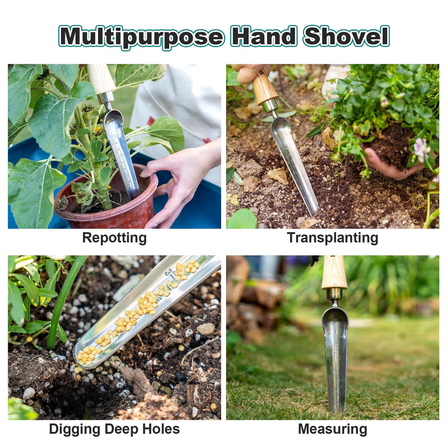 Berry&Bird Seeding Widger,Stainless Steel Seed Dibber Tool with Measuring Scale,Wooden Handle Garden Bulb Trowel for Seed Planting Tool Hand Shovel Planter Transplanter Dibber Soil Digginng