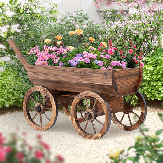 MFSH Wood Wagon Flower Planter Pot Stand W/Wheels Home Garden Outdoor Decor-41INCH