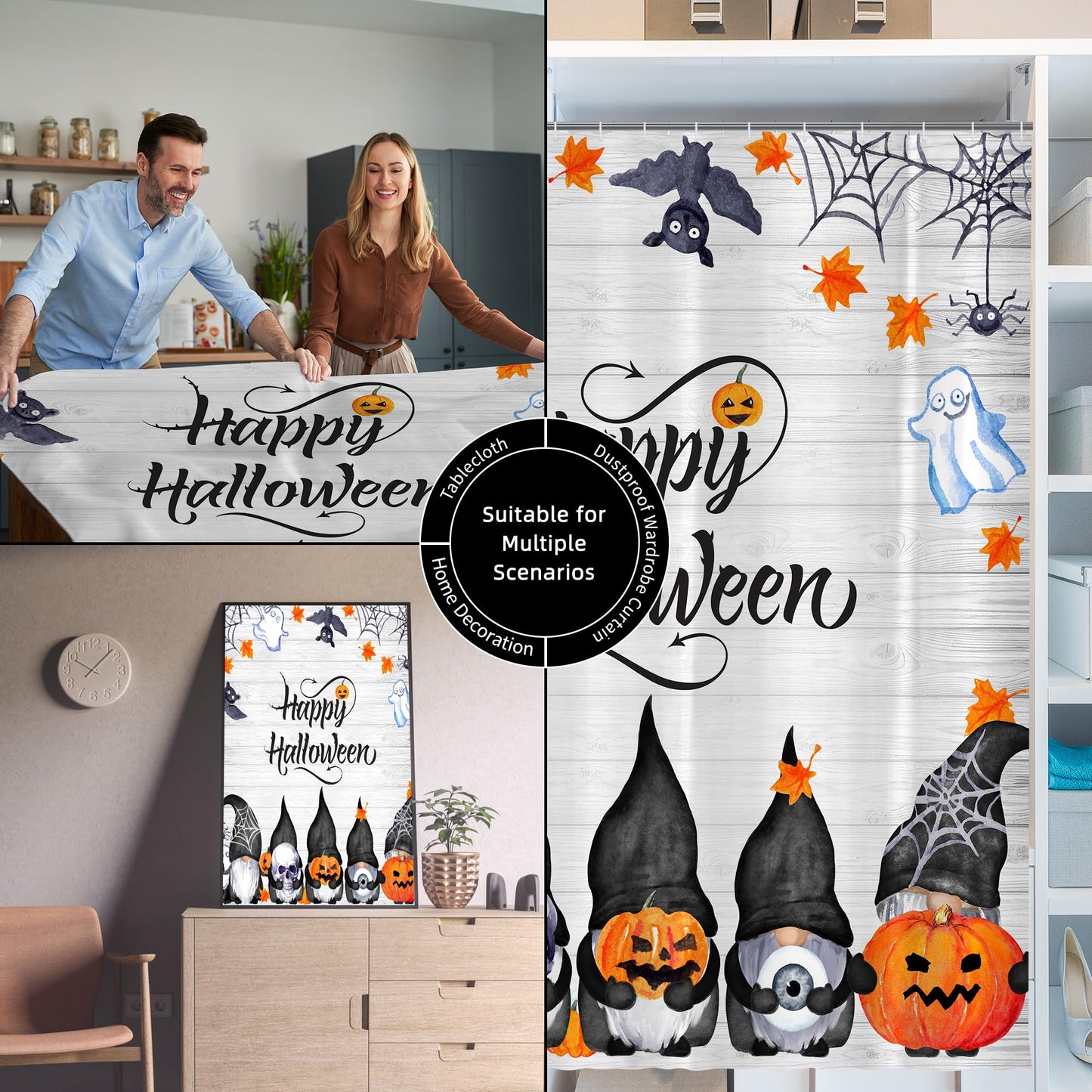 Visioun Halloween Cute Funny Gnomes Spooky Pumpkin Shower Curtain for Bathroom 72W*72H Inch Farmhouse Rustic Horror Bathtub Skull Ghost Maples Bat Decor Waterproof Polyester Fabric Set with 12 Hooks