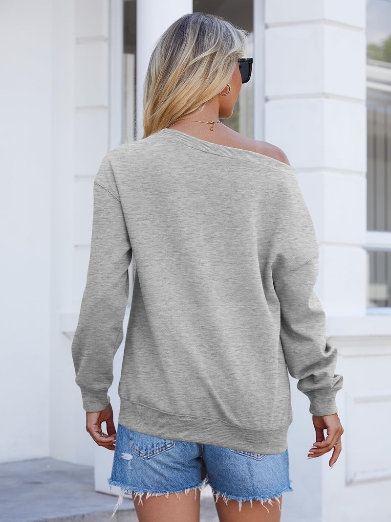 Bellcoco Womens Off the Shoulder Sweatshirt Long Sleeve Loose Pullover Tops Oversized Sweatshirts Trendy Spring Outfits Light Grey M