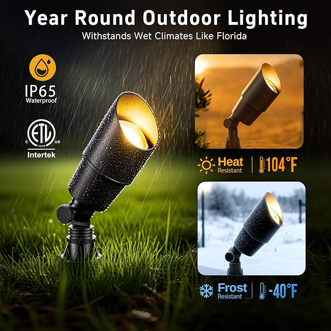 Gardenreet Brass Landscape Lighting - Black Outdoor Low Voltage Spotlights LED, 12V Wired Uplights, Waterproof Spot Lights for Outside Trees with 5W 5000K Daylight MR16 Bulb (4 Pack)