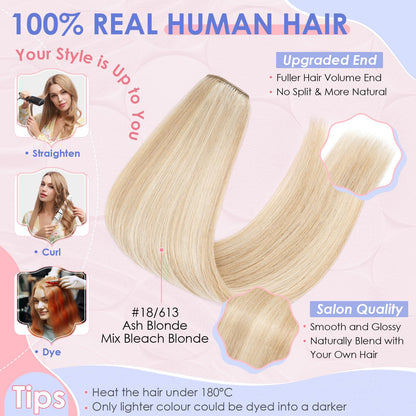 Elailite Clip in Hair Extension Real Human Hair Remy Natural Hair - 8 Pieces (Thin Weft) Full Head Straight - #18/613 Ash Blonde Mix Bleach Blonde - 10 Inch (50 g)