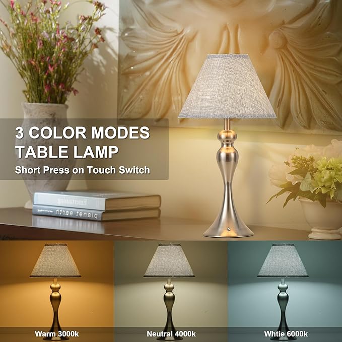 Cordless Bedside Lamp for Living Room, Table Lamp for Bedroom, 3-Way Dimmable Nightstand Lamp with Fabric Shade, Rechargeable Touch Led Desk Lamp Battery Operated Lamp for Dorm, Home Office (Nickel)