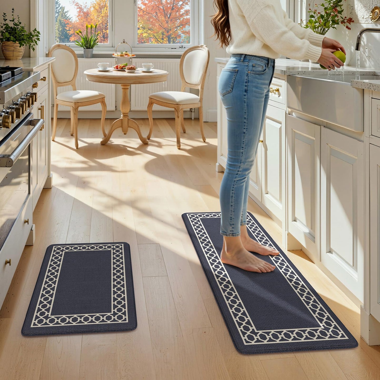 LEEVAN Kitchen Mats for Floor Set of 2,Anti Fatigue Mats for Kitchen Floor,Navy Blue Cushioned Non Slip Boho Standing Mat,Waterproof Memory Foam Comfort Kitchen Floor Mat for Sink(17"x29"+17"x47")