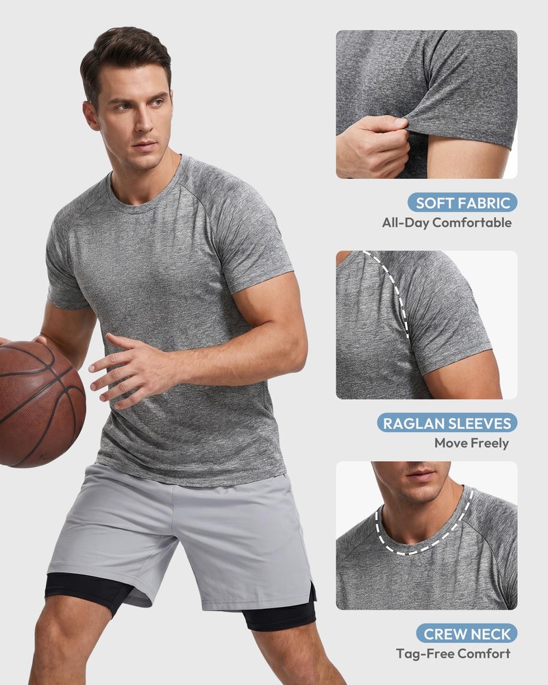 MCPORO Workout Shirts for Men Short Sleeve Quick Dry Athletic Gym Active T Shirt Moisture Wicking 5 Pack Black, Dark Grey, Light Grey, Dark Blue, Aqua Medium