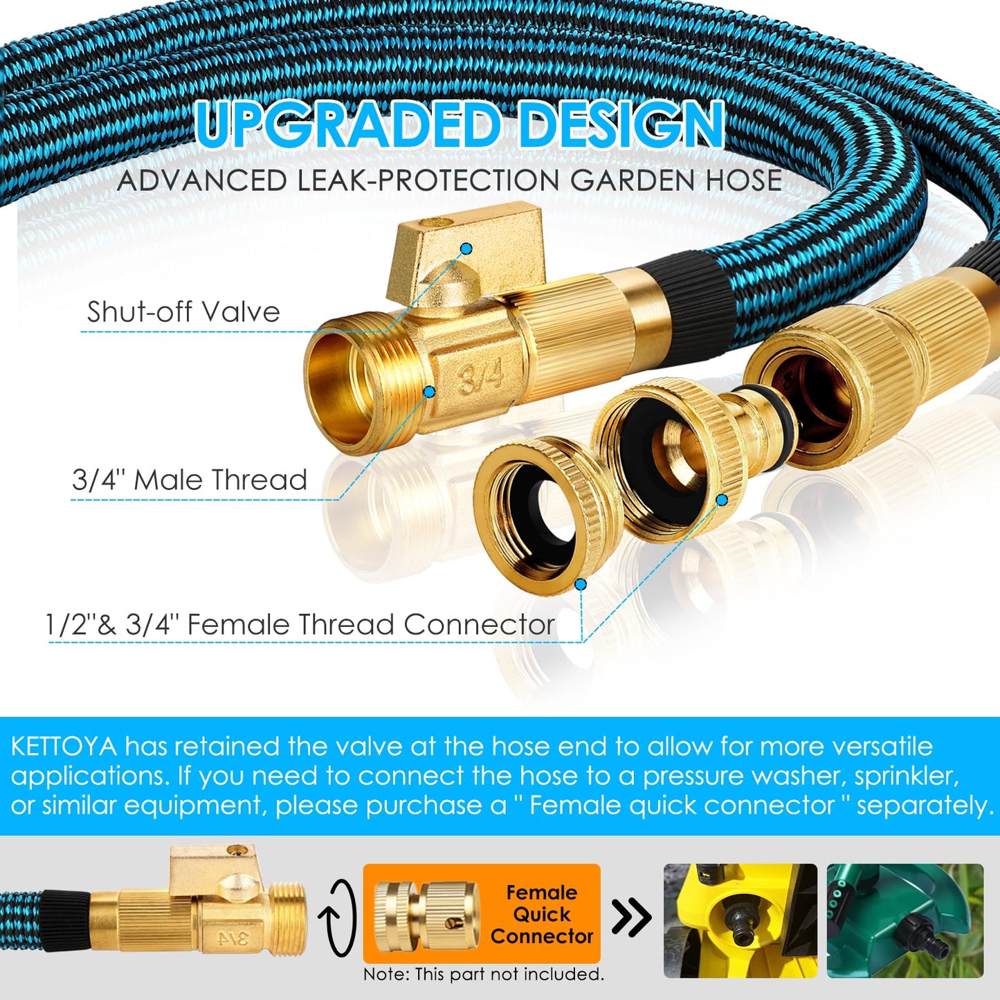 KETTOYA 100FT Expandable Garden Hose, Flexible Water Hose with 10-Pattern Spray Nozzle, Leak-Proof Retractable Heavy Duty Hose Pipe, 4-Layer Latex Core, Durable 3750D, Male Valve Connector, Kink-Free
