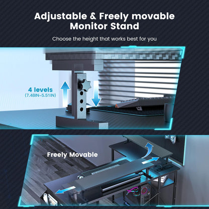 DOMICON Gaming Desk, 47 inch L Shaped Gaming Desk, Computer Desk with LED Lights & Adjustable Stand, Power Outlets, Storage Drawer, Reversible with Shelves, Hook, Black Carbon Fiber