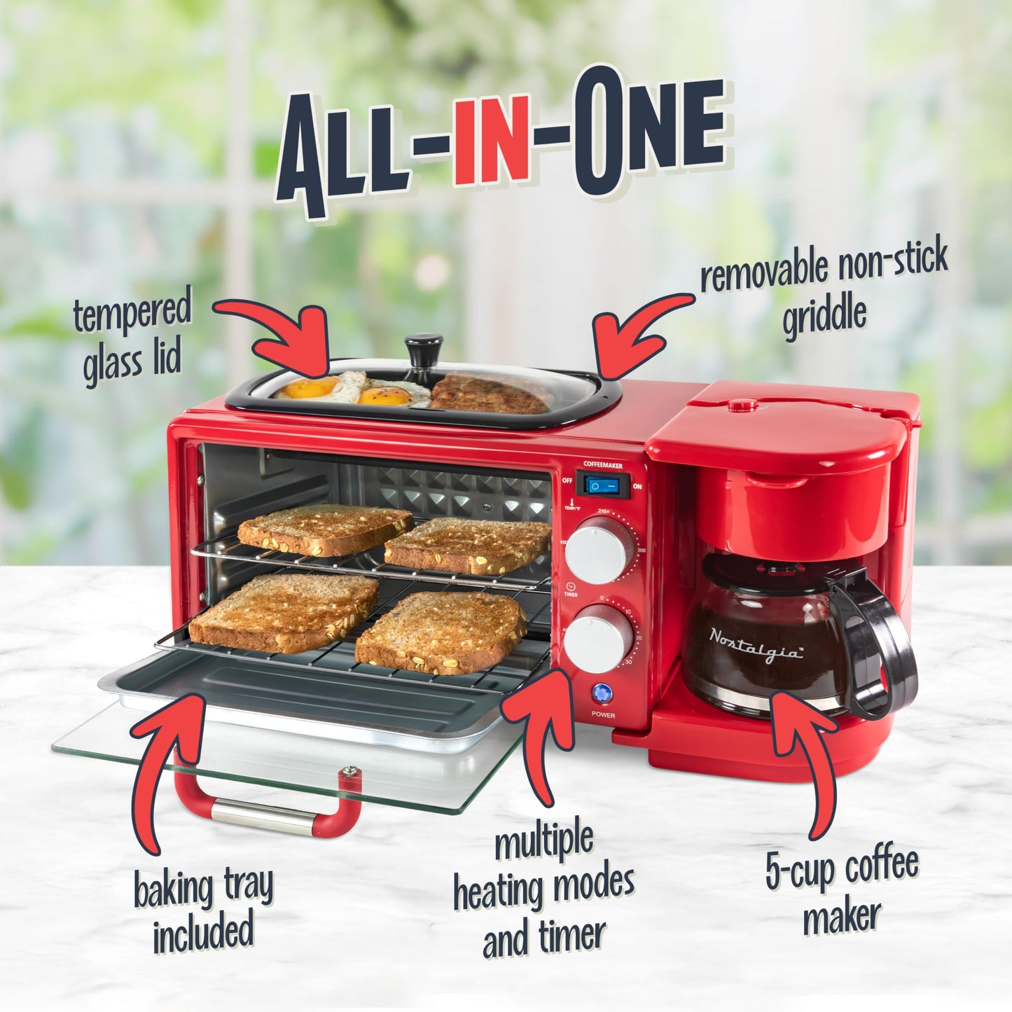 Nostalgia 3-in-1 Breakfast Station - Includes Coffee Maker, Non-Stick Griddle, and 4-Slice Toaster Oven - Versatile Breakfast Maker with Timer - Aqua