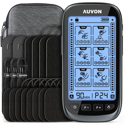 AUVON 3-in-1 TENS Unit Muscle Stimulator, Dual Channel Electronic Pulse Massager, TENS EMS Machine, 24 Modes Muscle Massager for Pain Relief Therapy, EVA Travel Case, 12 Pcs TENS Unit Electrodes Pads