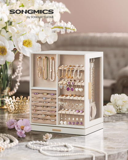 SONGMICS Jewellery Box 360° Rotating, Jewellery Organiser with 5 Drawers, Jewellery Display Case, Glass Window, Spacious, Vertical Jewellery Storage, Open Design, Great Gift, Cloud White JBC170W01