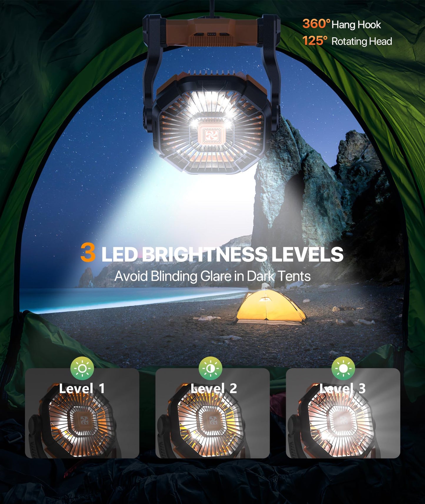 Doviluxe Camping Fan Battery Powered -12000mAh Portable Rechargeable Fans Light, Battery Operated Fan for Camping Hook 4 Speed Quiet Cordless USB Personal Cooling for Desk Home Beach Tent BBQ