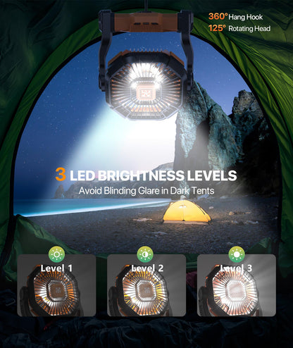 Doviluxe Camping Fan Battery Powered -12000mAh Portable Rechargeable Fans Light, Battery Operated Fan for Camping Hook 4 Speed Quiet Cordless USB Personal Cooling for Desk Home Beach Tent BBQ